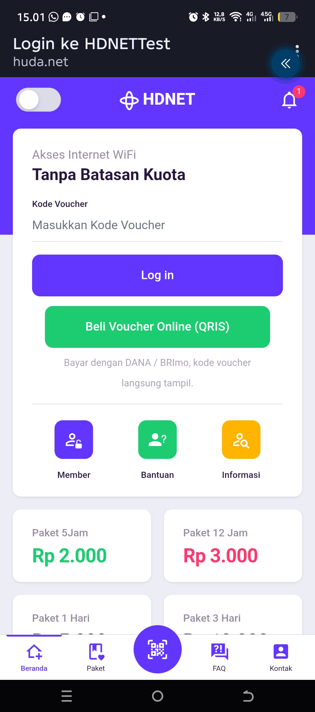 Tampilan halaman login hotspot HDNET WiFi